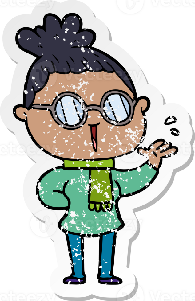 distressed sticker of a cartoon woman wearing spectacles png