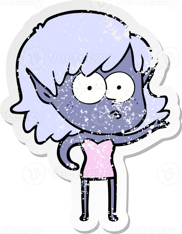 distressed sticker of a cartoon shocked elf girl png