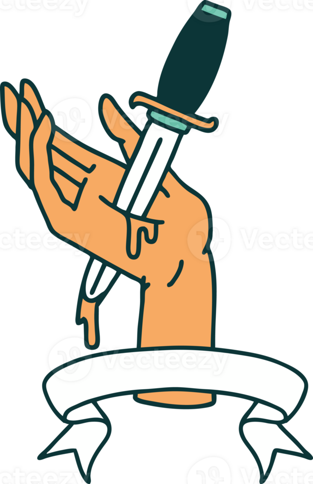 traditional tattoo with banner of a dagger in the hand png