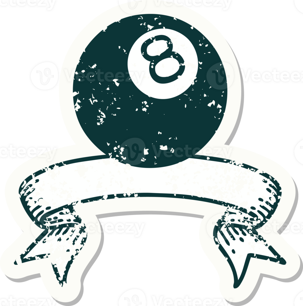 worn old sticker with banner of 8 ball png