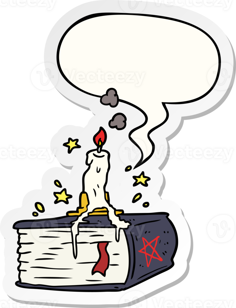 cartoon spooky spellbook with dribbling candle with speech bubble sticker png