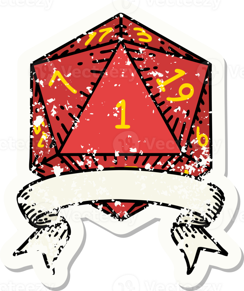 grunge sticker of a natural one d20 dice roll png