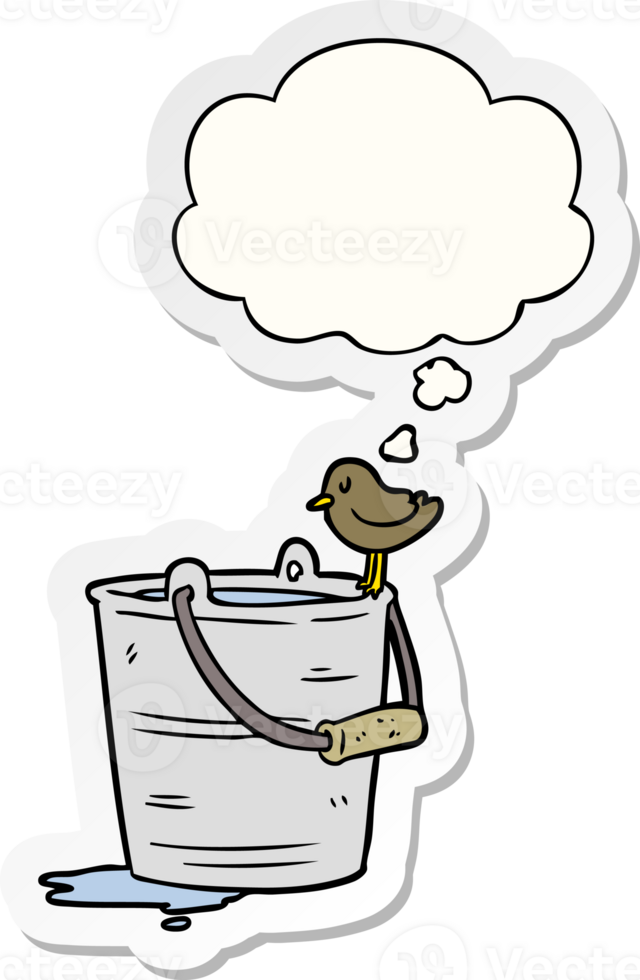 cartoon bucket of water with thought bubble as a printed sticker png