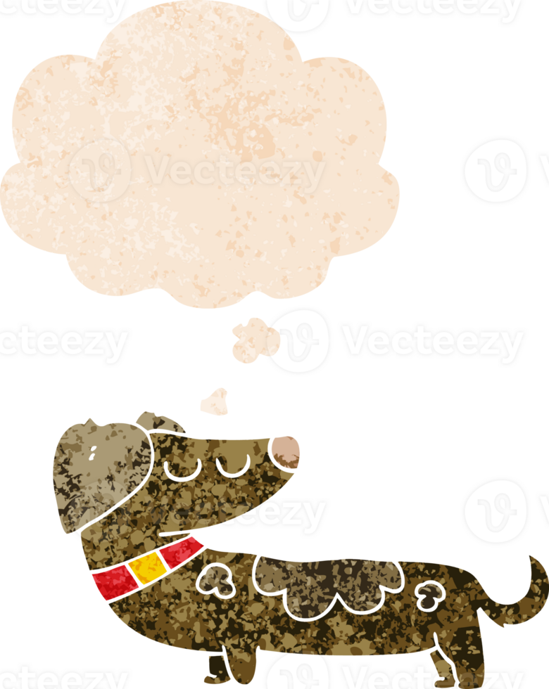 cartoon dog with thought bubble in grunge distressed retro textured style png