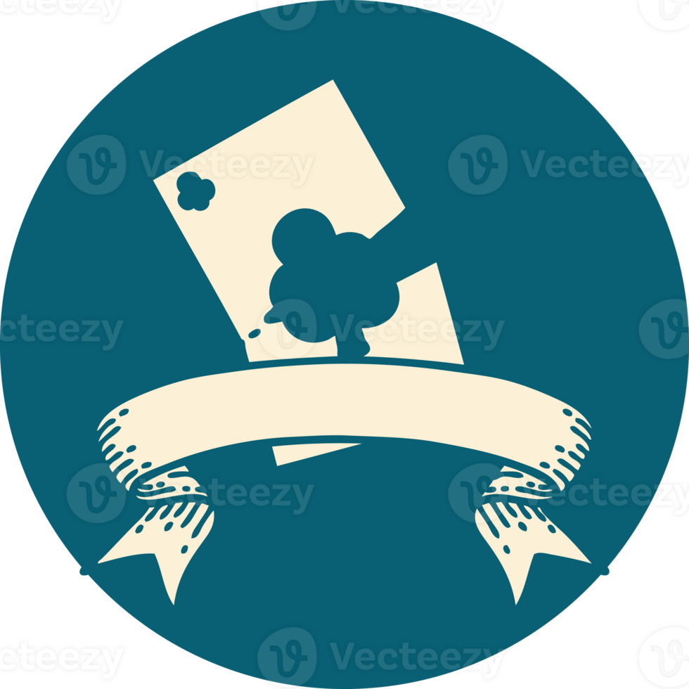 tattoo style icon with banner of a torn card png