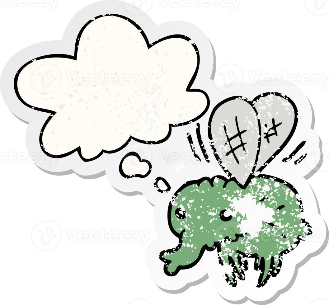 cartoon fly with thought bubble as a distressed worn sticker png
