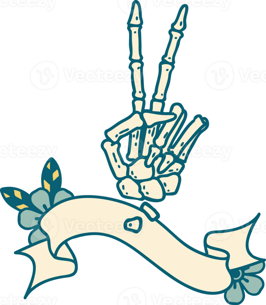 traditional tattoo with banner of a skeleton giving a peace sign png