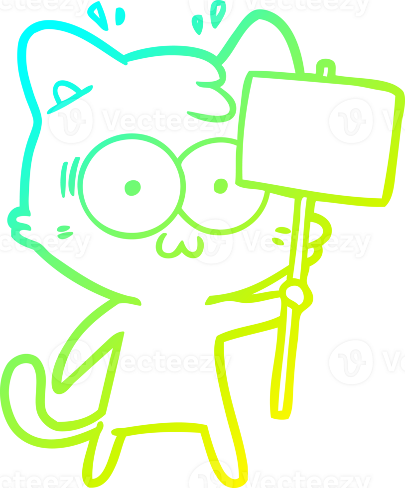 cold gradient line drawing of a cartoon surprised cat waving sign png