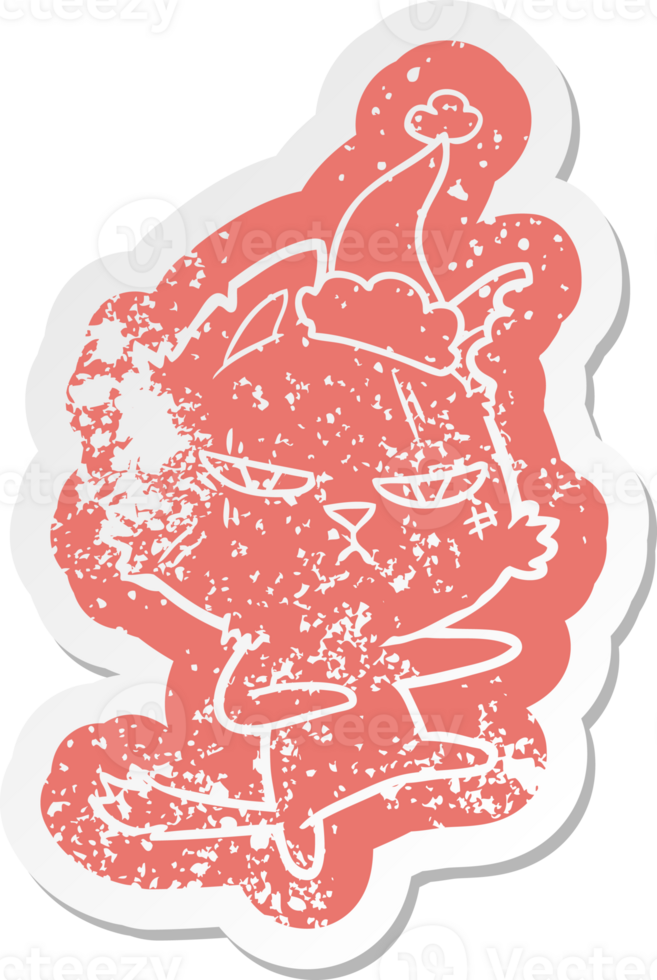 tough quirky cartoon distressed sticker of a cat wearing santa hat png