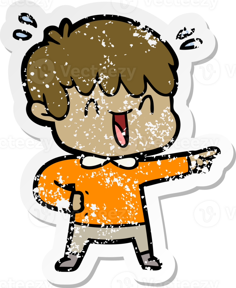 distressed sticker of a cartoon laughing boy png