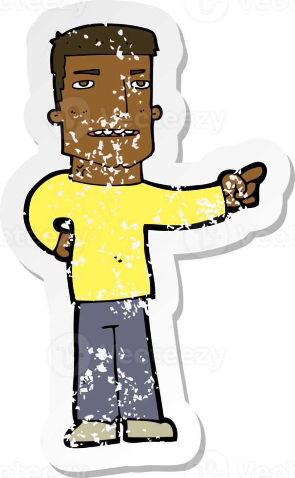 retro distressed sticker of a cartoon man pointing png