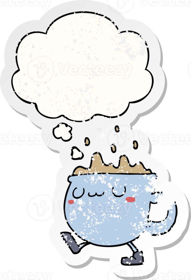 cartoon coffee cup walking with thought bubble as a distressed worn sticker png
