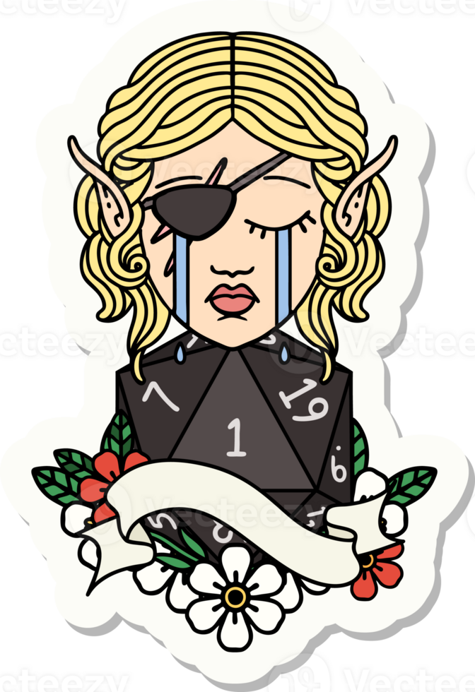 sticker of a crying elf rogue character face with natural one D20 roll png