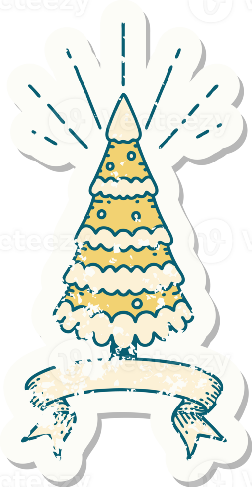 worn old sticker of a tattoo style snow covered pine tree png
