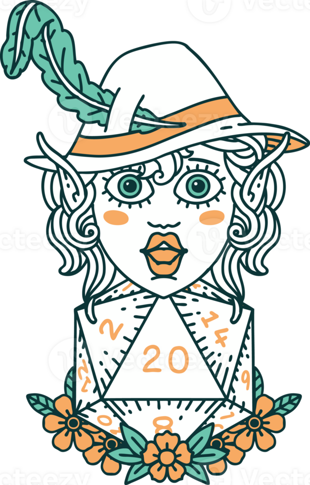 Retro Tattoo Style elf bard character with natural twenty dice roll png