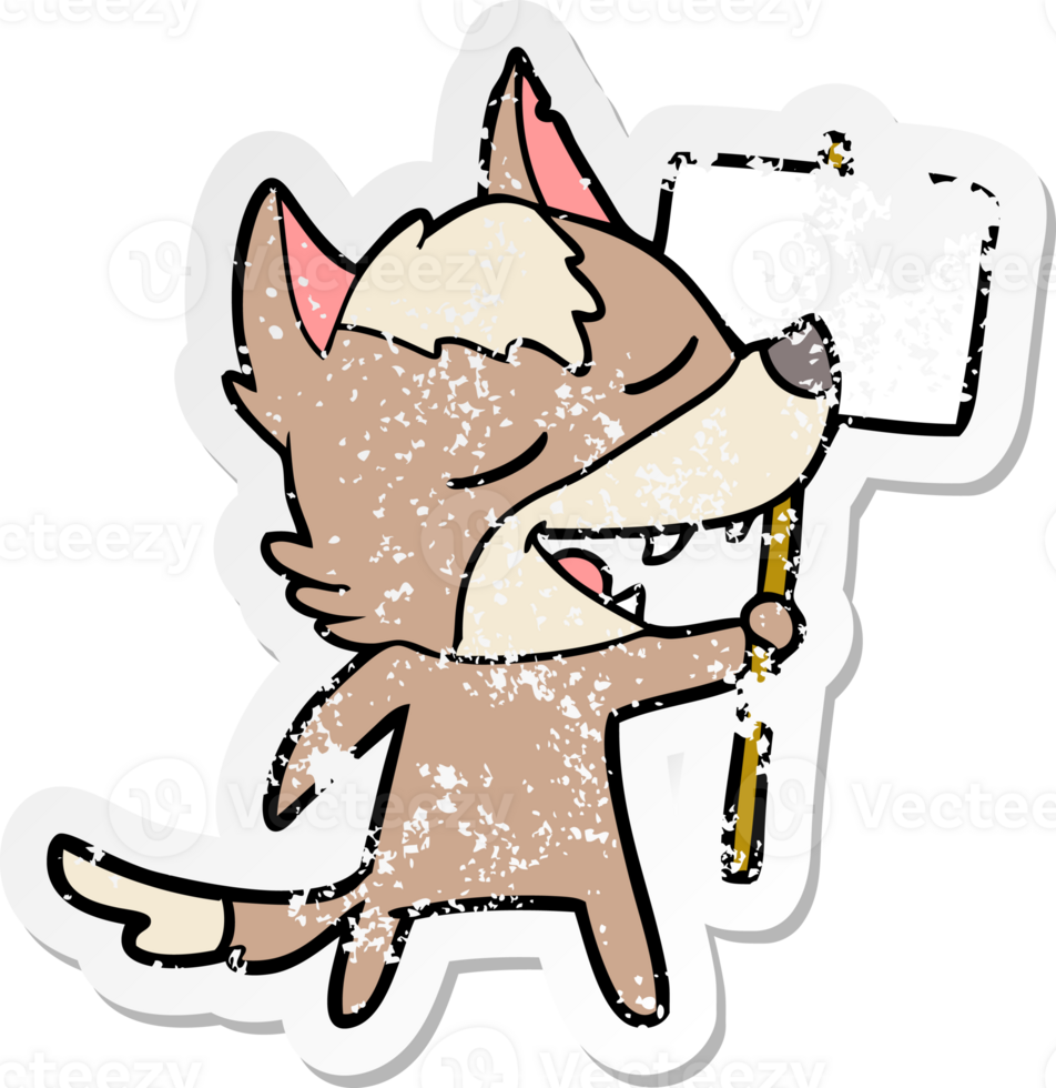 distressed sticker of a cartoon wolf laughing png