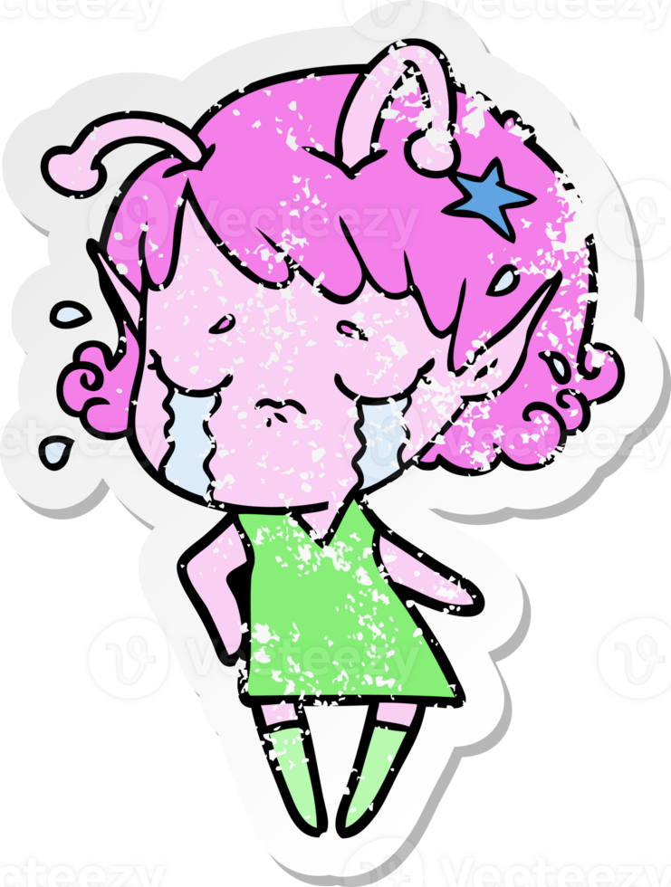 distressed sticker of a cartoon crying alien girl png