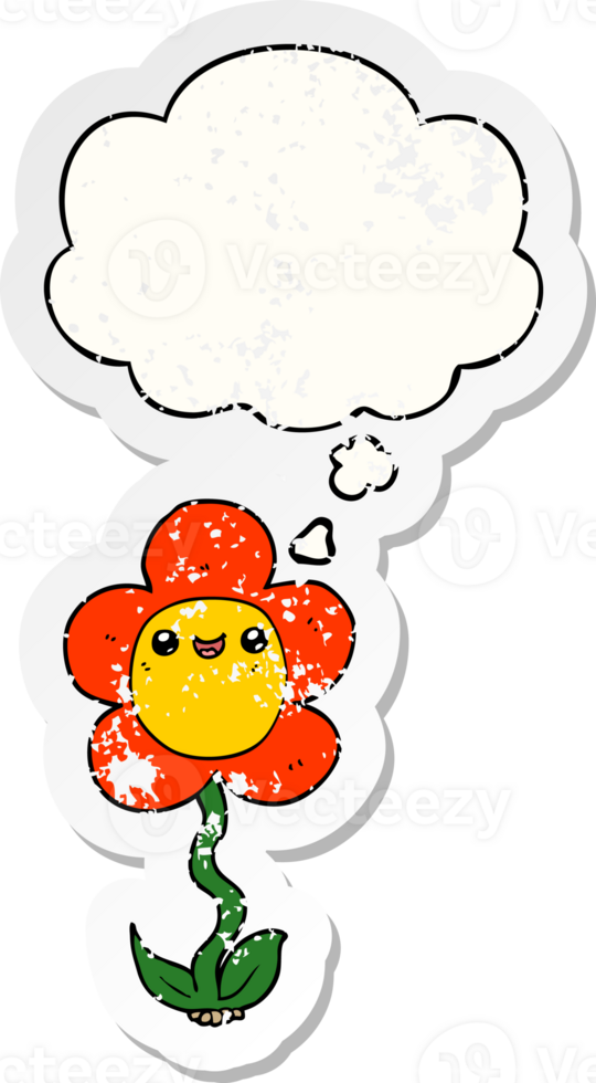 cartoon flower with thought bubble as a distressed worn sticker png