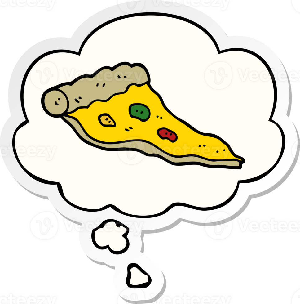 cartoon pizza with thought bubble as a printed sticker png