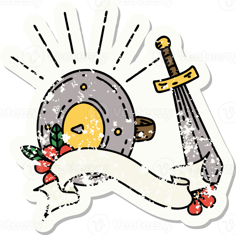 worn old sticker of a tattoo style shield and sword png