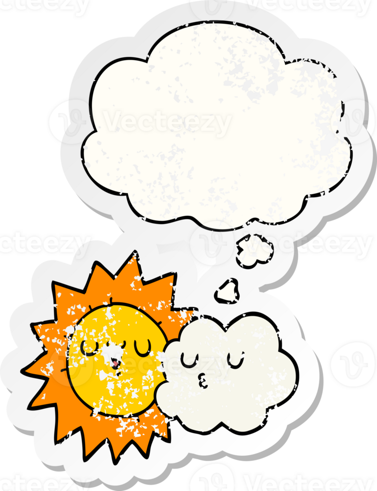 cartoon sun and cloud with thought bubble as a distressed worn sticker png