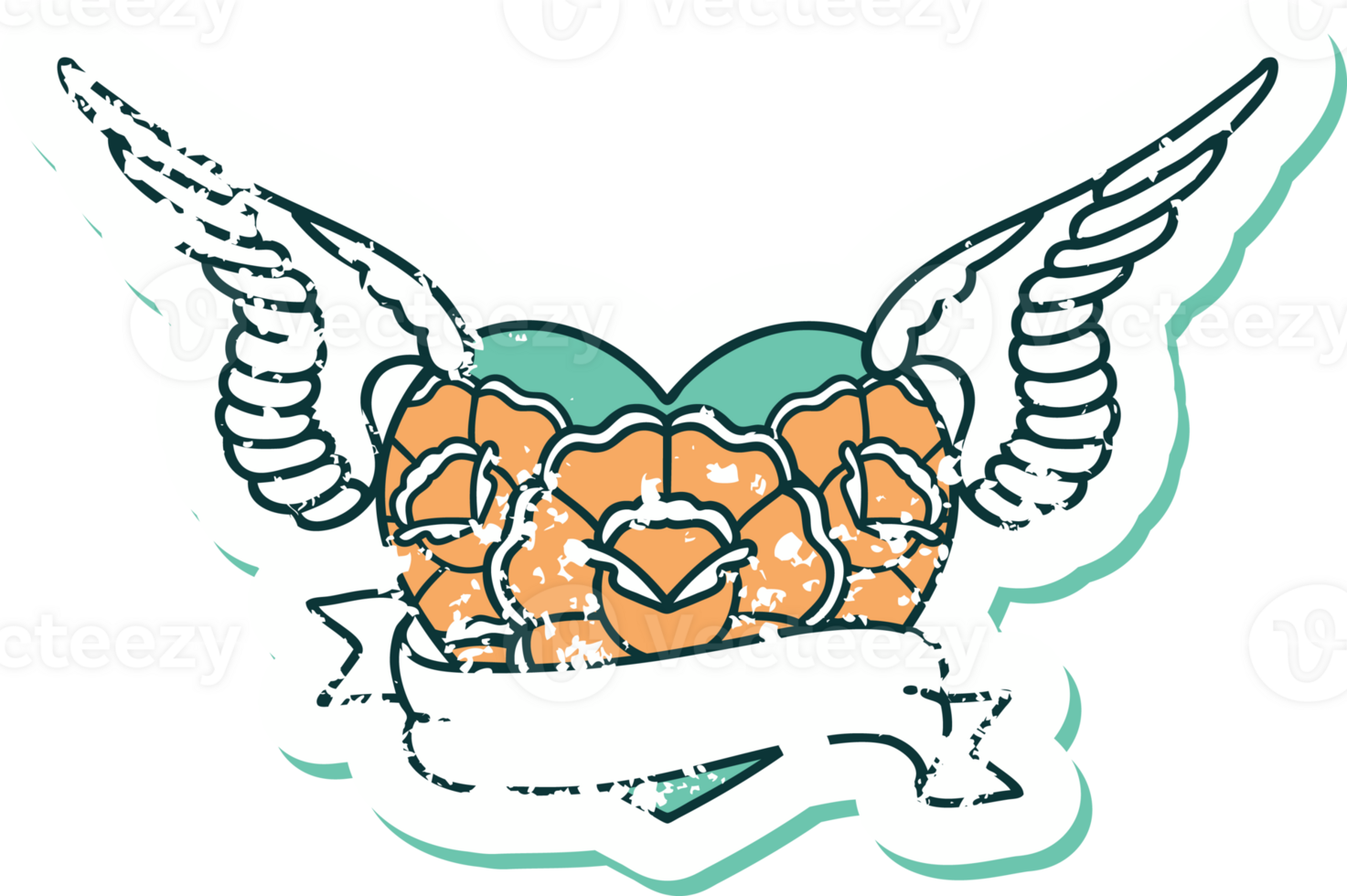 iconic distressed sticker tattoo style image of a flying heart with flowers and banner png