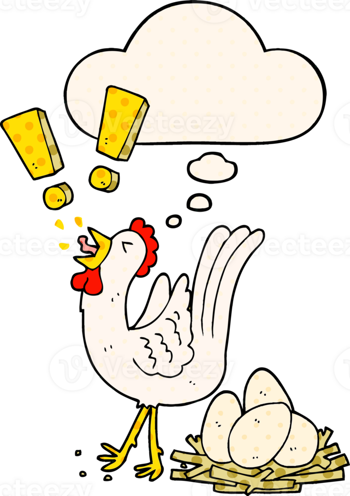 cartoon chicken laying egg with thought bubble in comic book style png
