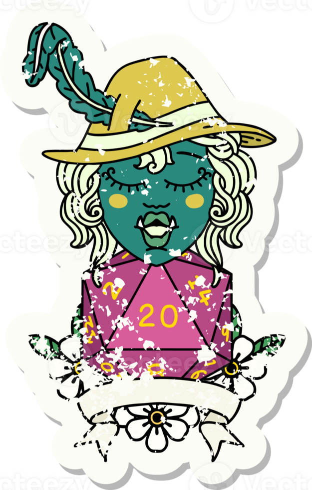 Retro Tattoo Style half orc bard with natural 20 dice roll png