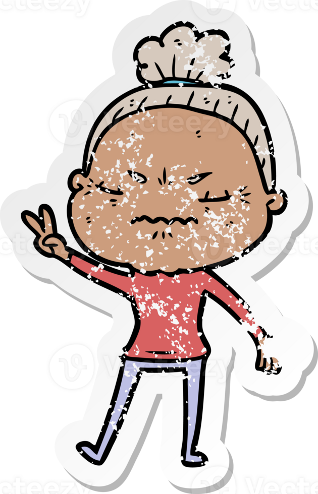 distressed sticker of a cartoon annoyed old lady png