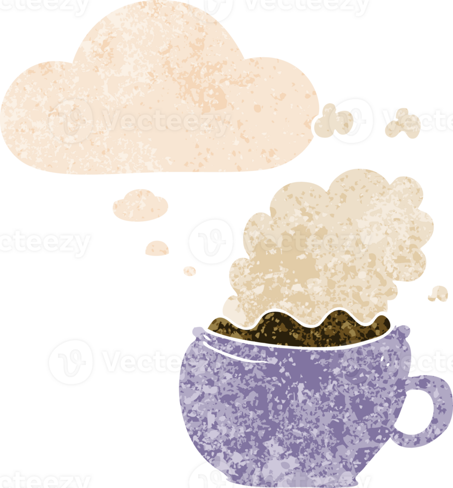 cartoon hot cup of coffee with thought bubble in grunge distressed retro textured style png