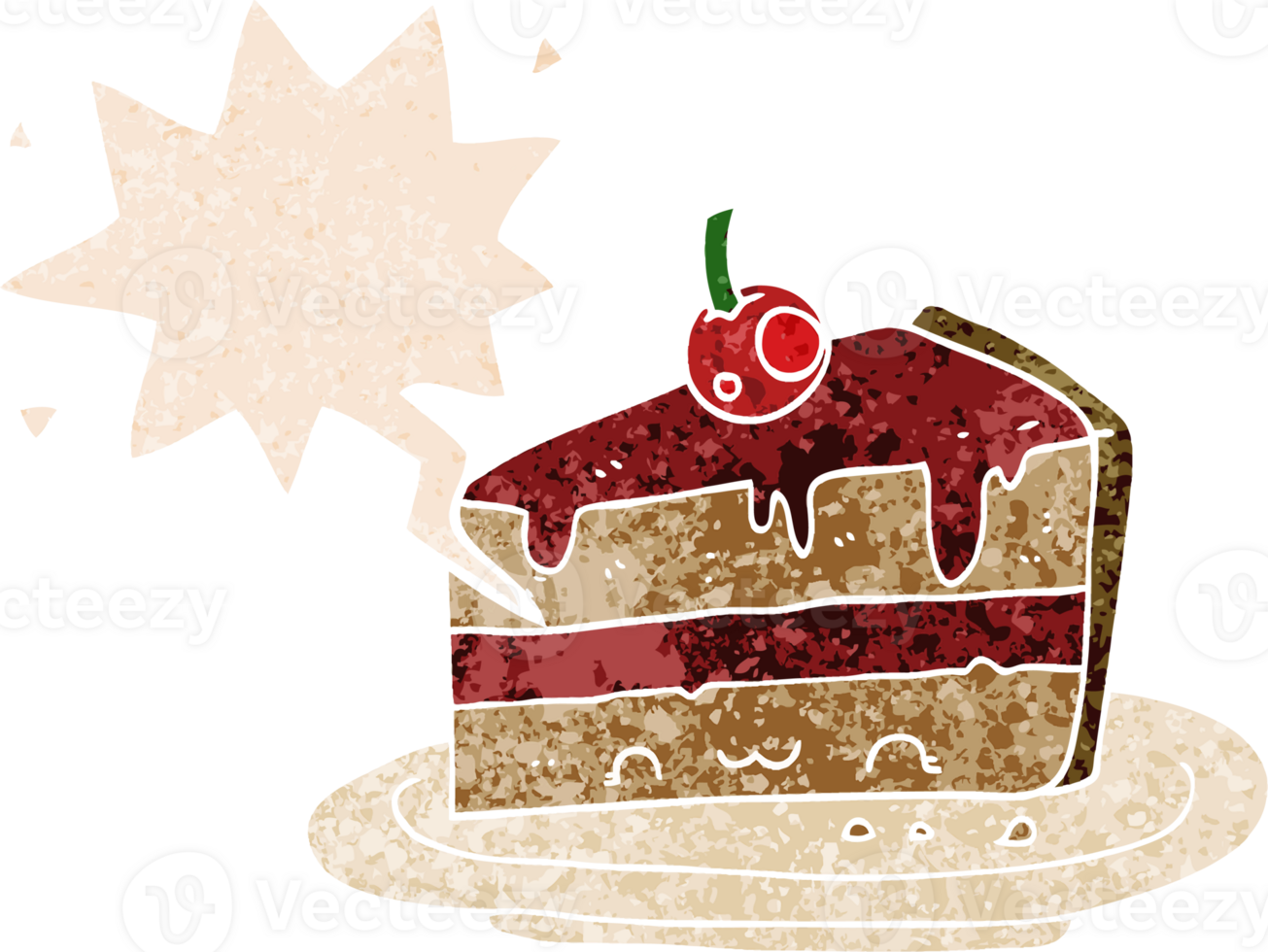 cartoon cake with speech bubble in grunge distressed retro textured style png