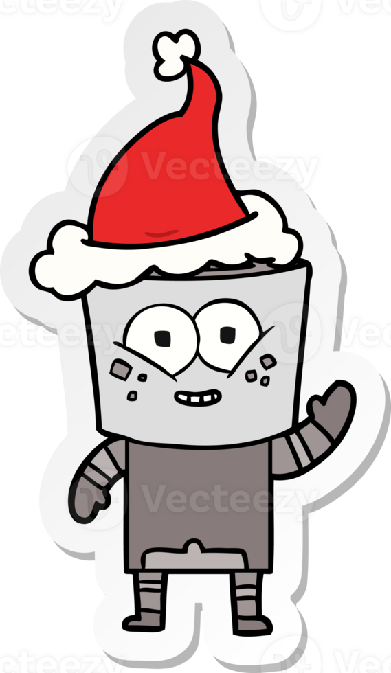 happy hand drawn sticker cartoon of a robot waving hello wearing santa hat png