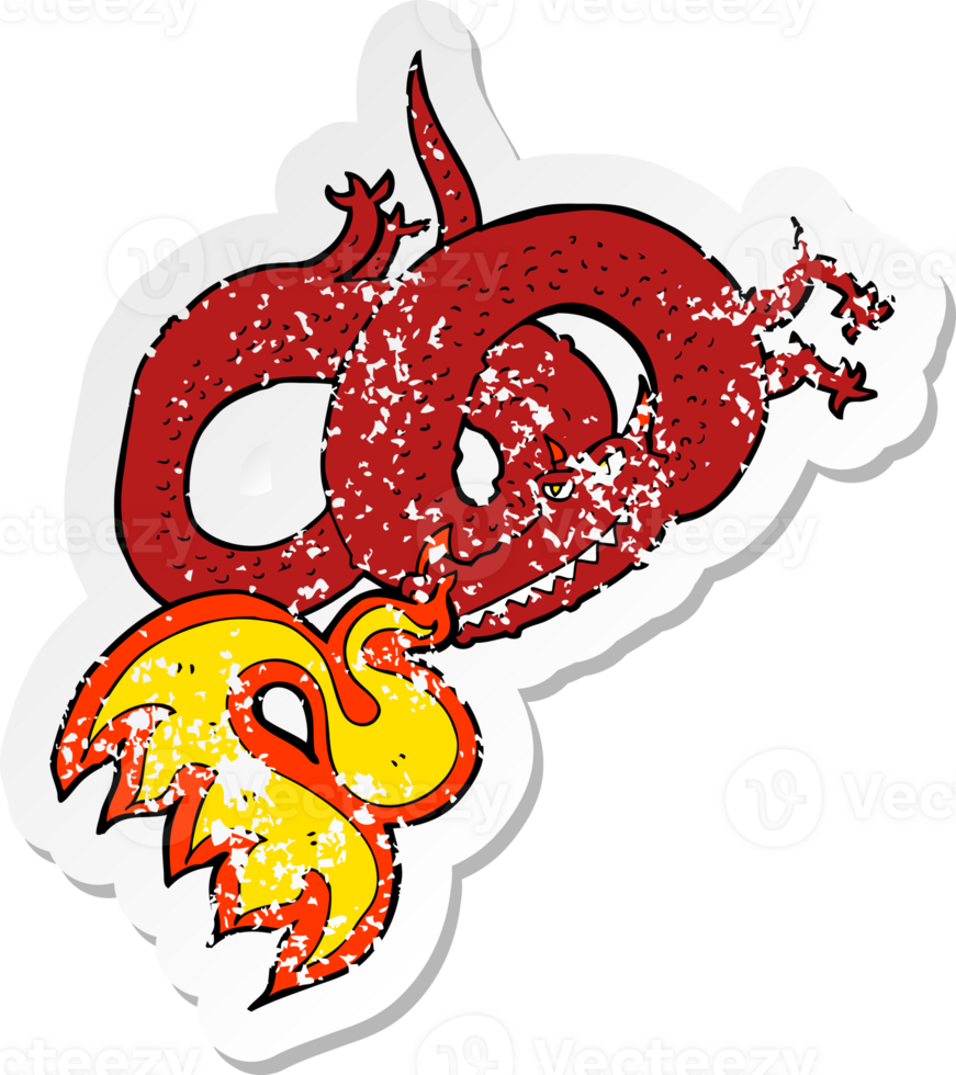 retro distressed sticker of a cartoon dragon breathing fire png