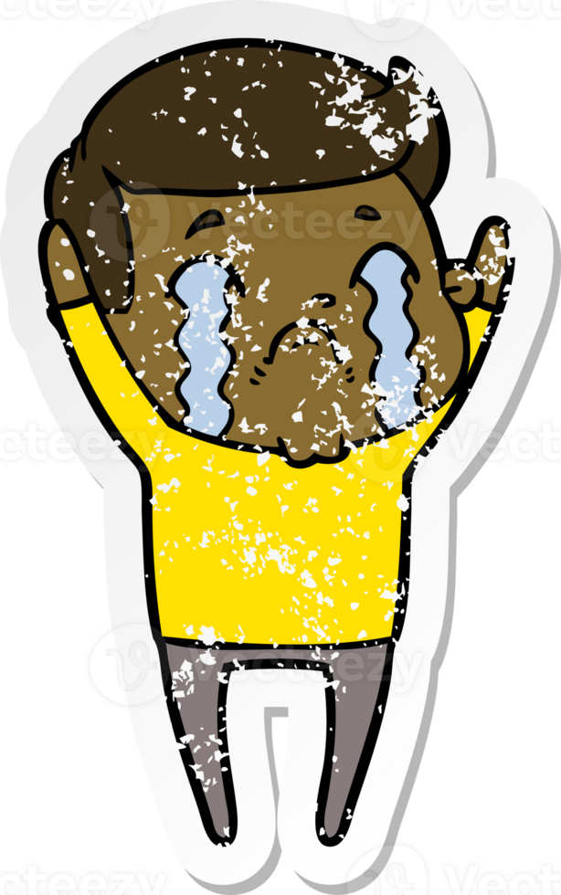 distressed sticker of a cartoon man crying png