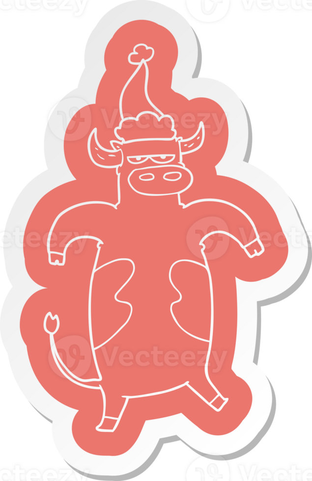 quirky cartoon  sticker of a bull wearing santa hat png