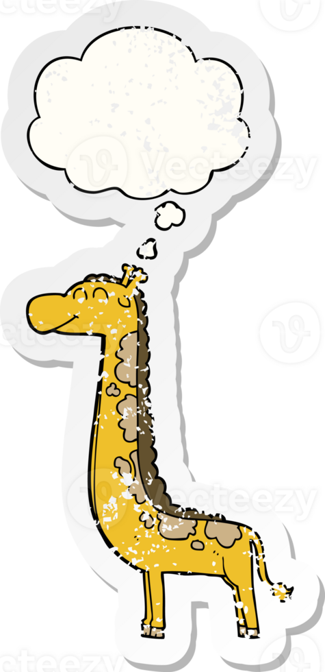 cartoon giraffe with thought bubble as a distressed worn sticker png