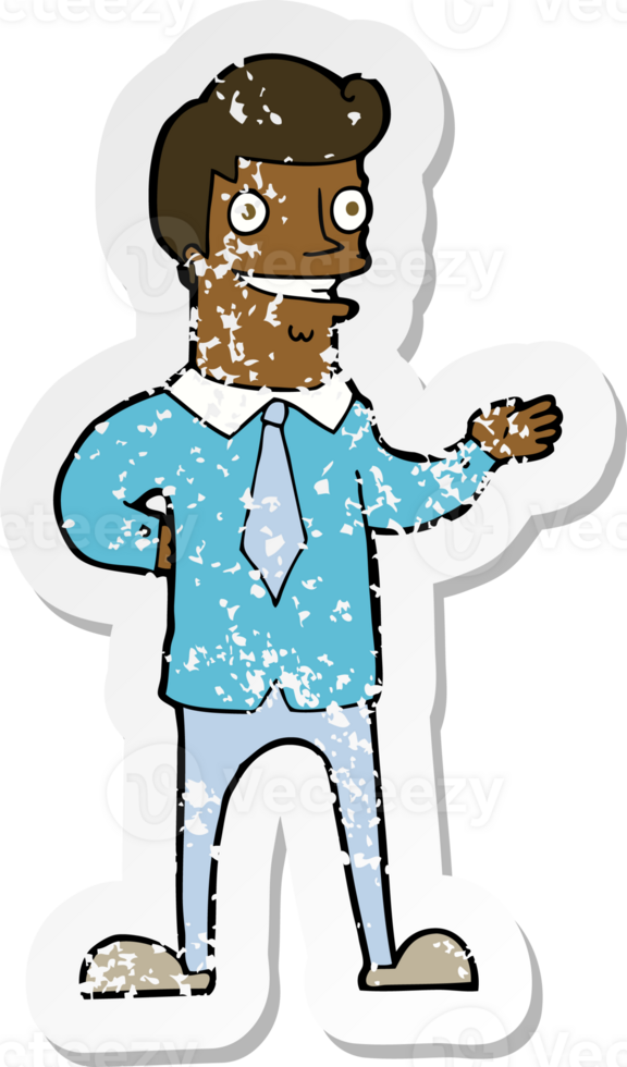 retro distressed sticker of a cartoon salesman png