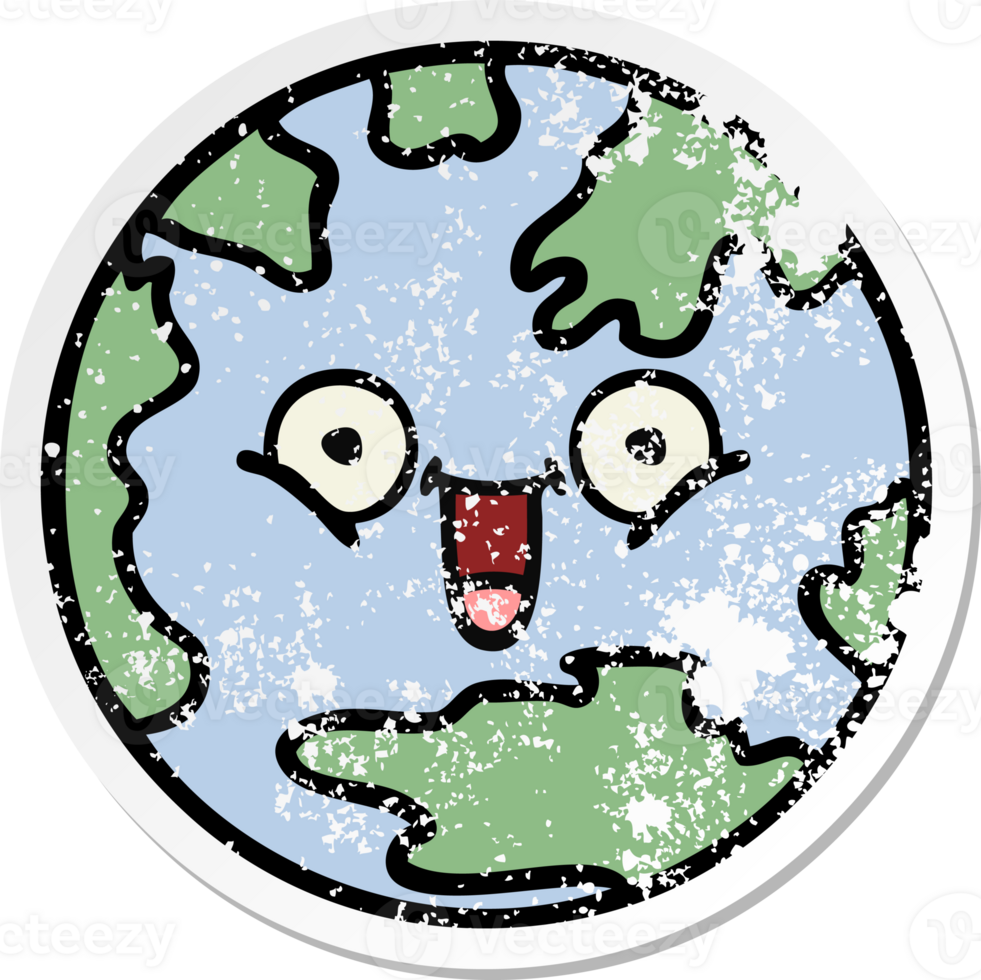distressed sticker of a cute cartoon planet earth png