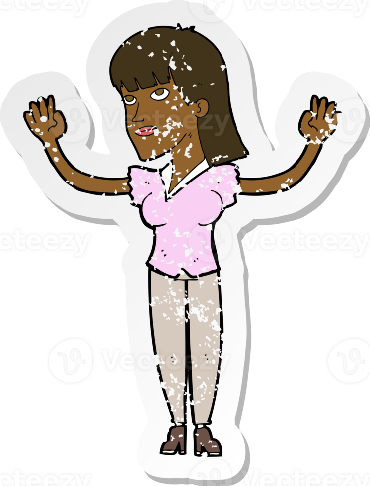 retro distressed sticker of a cartoon woman throwing hands in air png