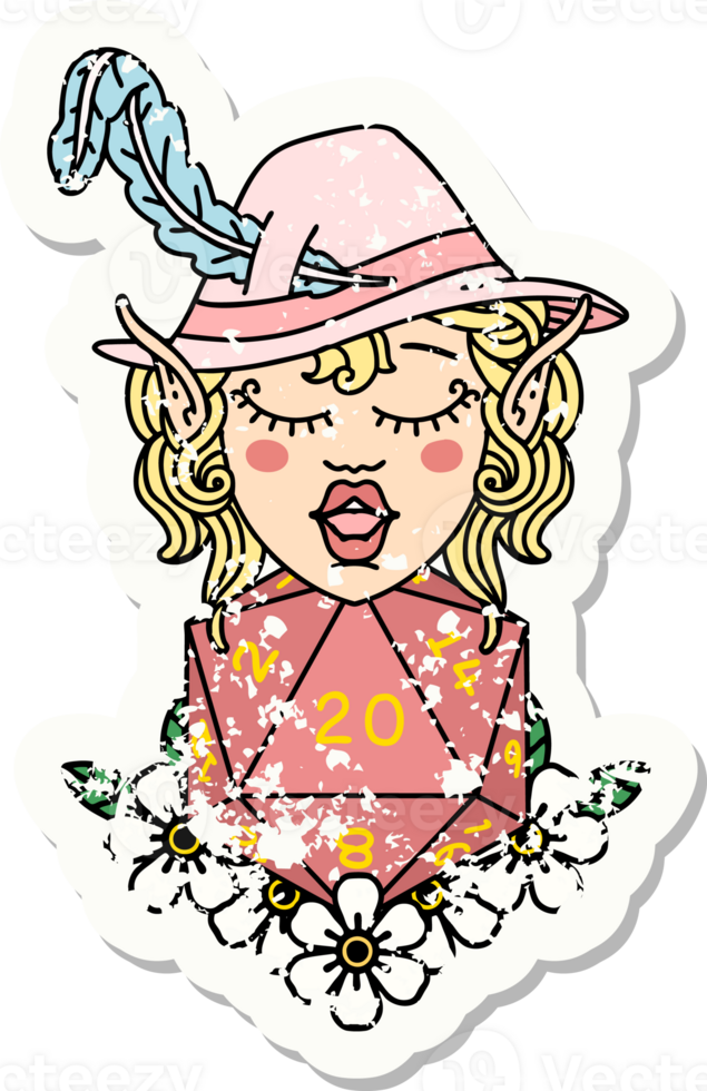 grunge sticker of a elf bard character with natural twenty dice roll png