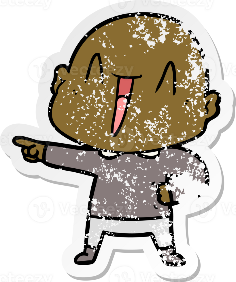 distressed sticker of a happy cartoon bald man png
