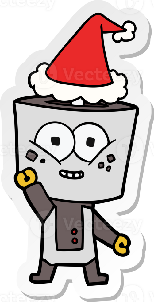 happy hand drawn sticker cartoon of a robot waving hello wearing santa hat png