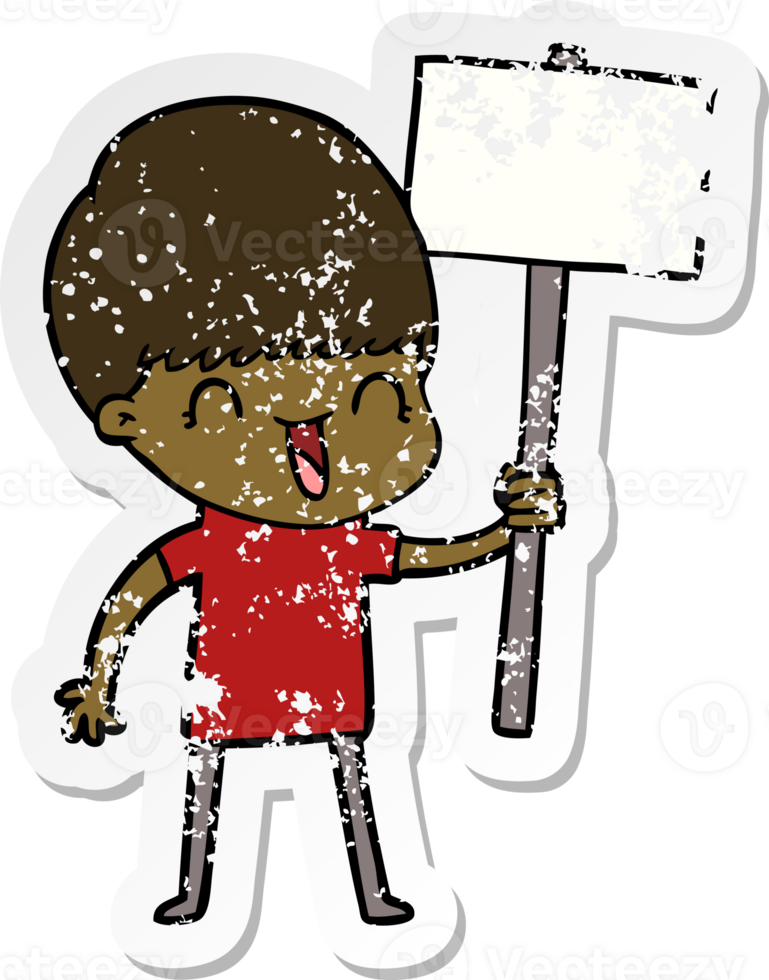 distressed sticker of a happy cartoon boy png