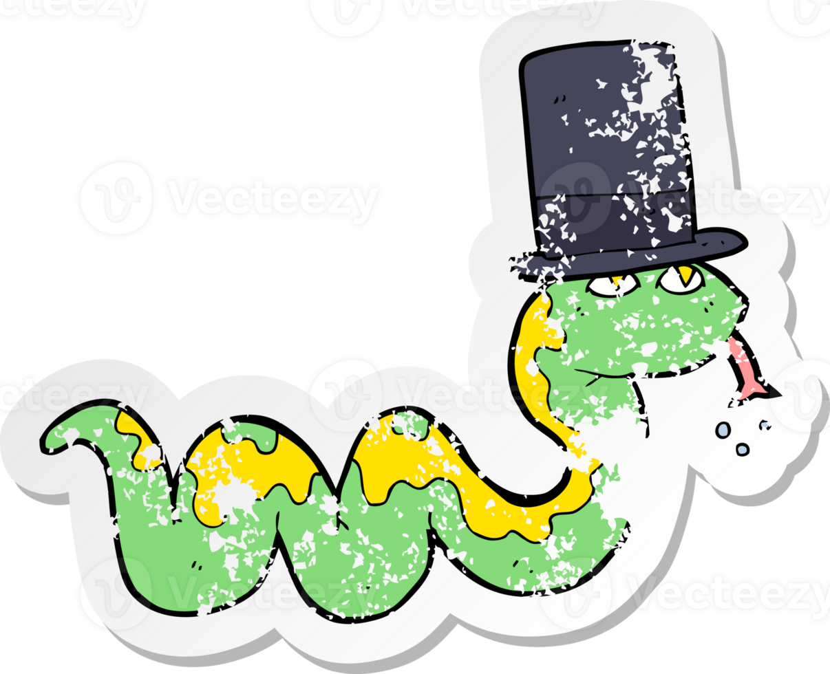 retro distressed sticker of a cartoon snake in top hat png