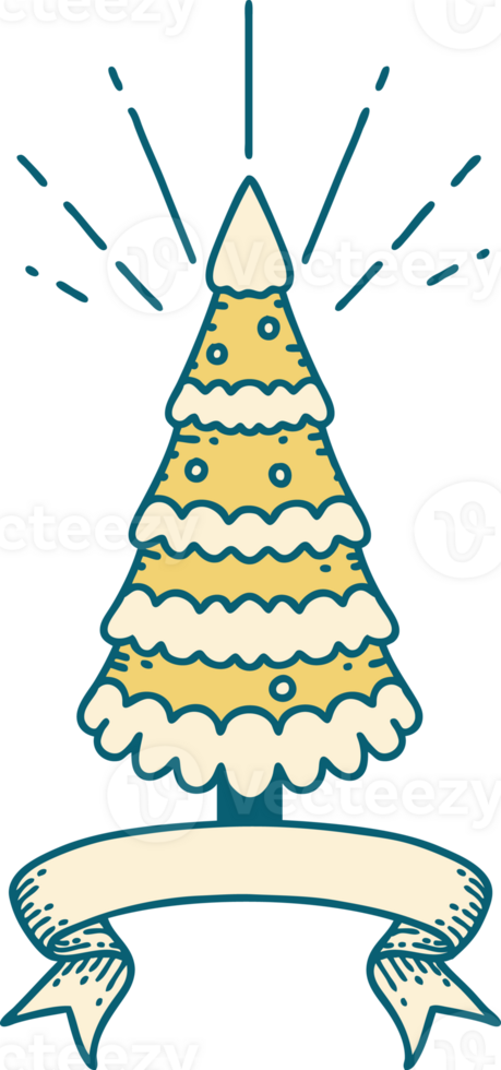 scroll banner with tattoo style snow covered pine tree png