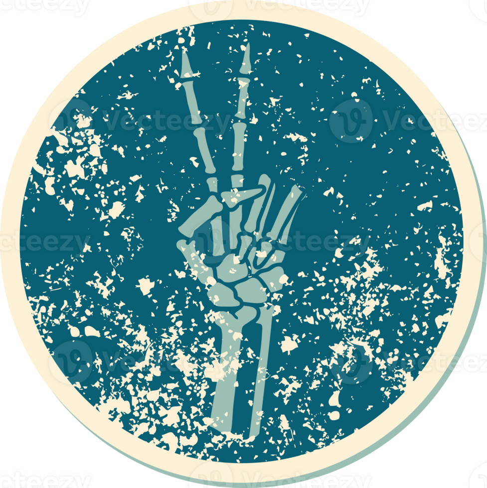 iconic distressed sticker tattoo style image of a skeleton giving a peace sign png