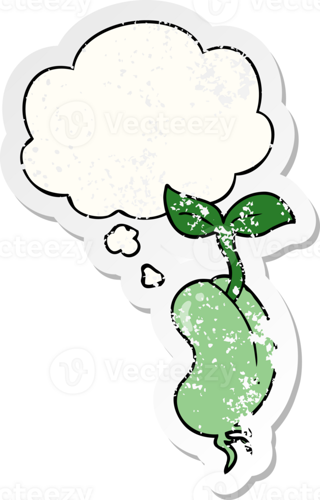 cartoon sprouting seed with thought bubble as a distressed worn sticker png