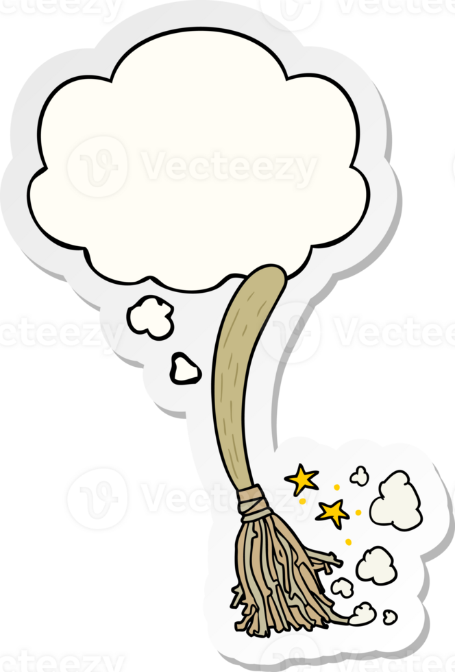 cartoon magic broom with thought bubble as a printed sticker png