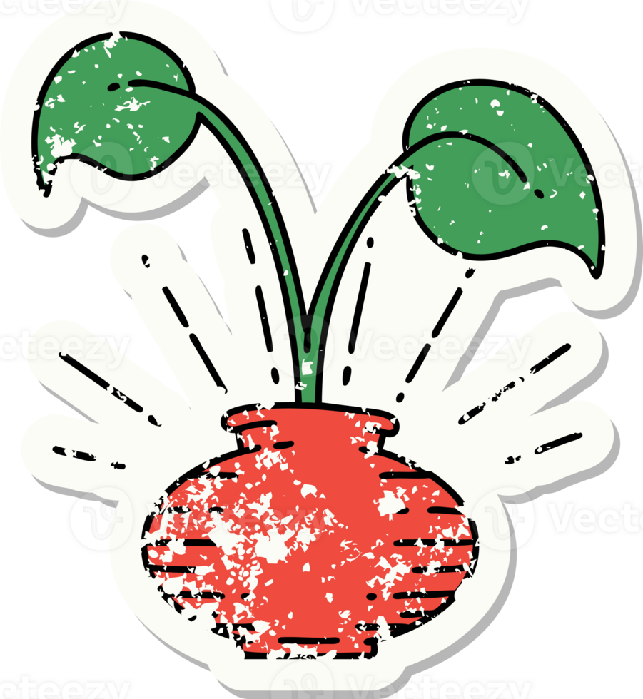 worn old sticker of a tattoo style houseplant in vase png