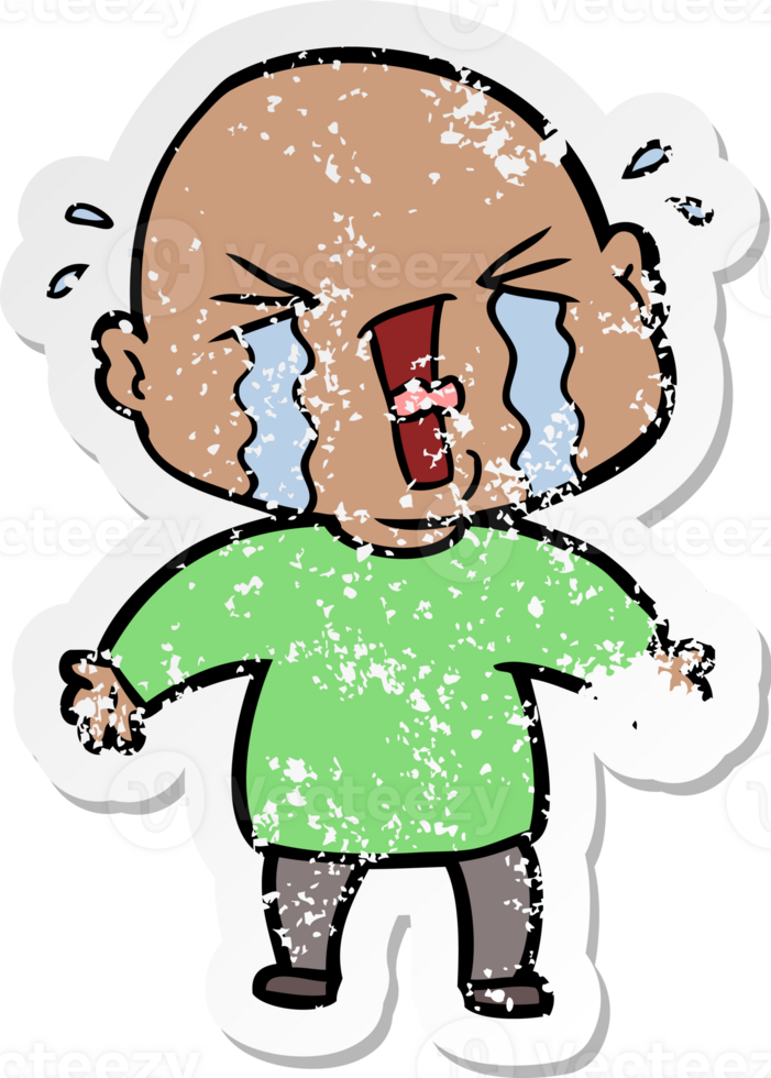 distressed sticker of a cartoon crying bald man png
